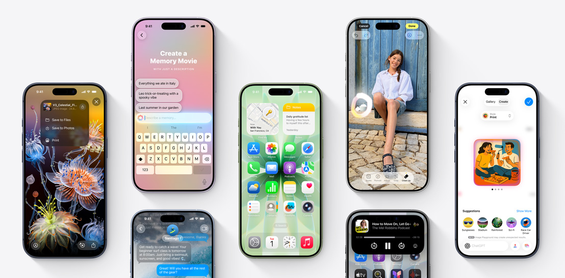 Набор от iPhone 17 и 17 Pro устройства, всяко с различен екран, представящ функциите на iOS 26 и Apple Intelligence