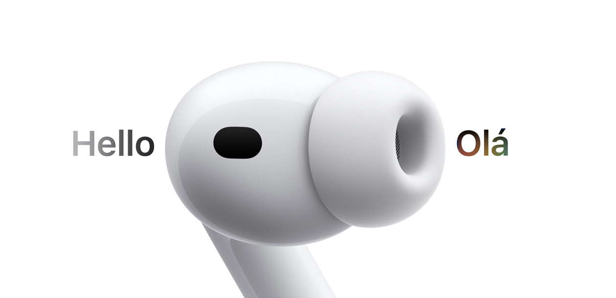 AirPods Pro 3, fone de ouvido com ponta de silicone, a Tradução ao Vivo altera do espanhol para o inglês os caracteres que dizem 'Olá'