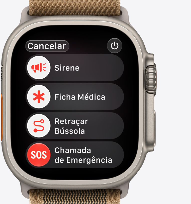 Apple Watch Ultra 4 com caixa natural de titânio mostrando opções de assistência em emergências: Ficha Médica, Retraçar Bússola, Ligação de Emergência