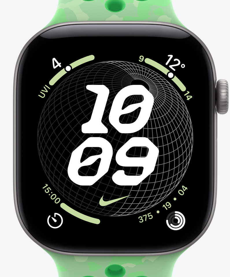 Nike Globe watch face, time, Nike Swoosh logo, complications: UV index, weather, timer, Activity Rings
