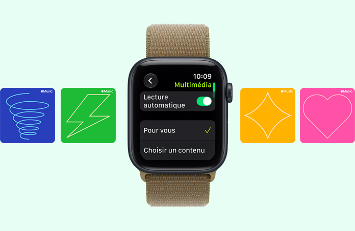 Apple Watch S E 3, boîtier en aluminium, couleur minuit, écran affichant le lecteur multimédia, côté droit, couronne Digital Crown, bracelet sport à rabat, couleur olive (vert terreux), arrière-plan avec visuels Apple Music : illustrations de tourbillon, d’éclair, de losange et de cœur