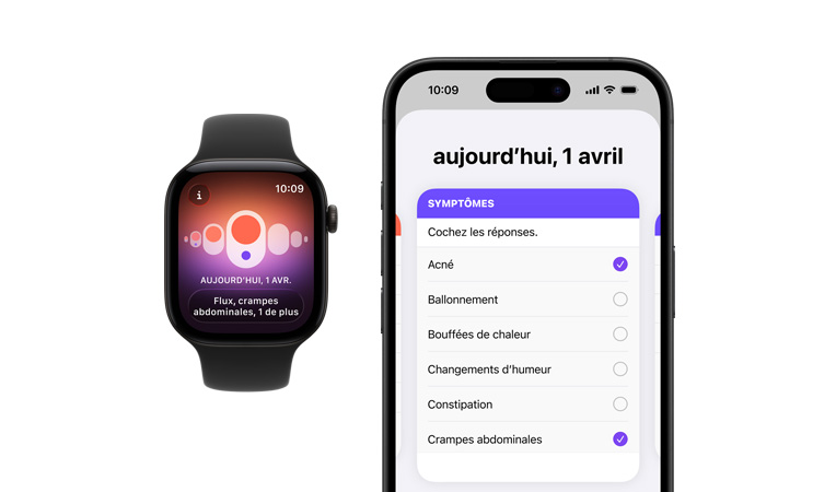Apple Watch Series 12, boîtier en titane, couleur naturel, bracelet sport, couleur noir, app Suivi du cycle, sélecteur de symptômes quotidiens ouvert sur l’iPhone jumelé à la montre