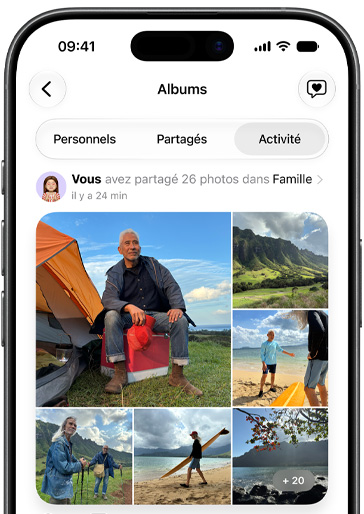 Sur un iPhone, l’écran Albums avec l’onglet Activité sélectionné, affichant l’album partagé des photos d’un voyage en famille à Hawaï