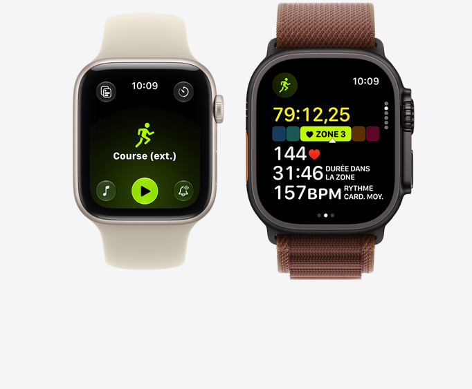 Apple Watch Series 12, boîtier en aluminium, couleur or clair, séance de course à l’extérieur en cours avec commandes de lecture d’Apple Music, Apple Watch Ultra 4, boîtier en titane, couleur noir, séance de course en cours, fréquence cardiaque en zone 3