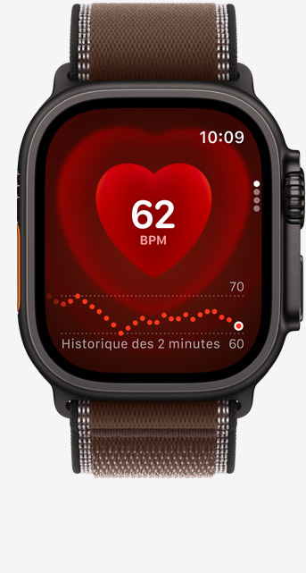 Apple Watch Ultra 4, boîtier en titane, couleur noir, app Fréquence cardiaque, battements par minute actuels, bracelet Sentier, couleur ombre foncé (brun)