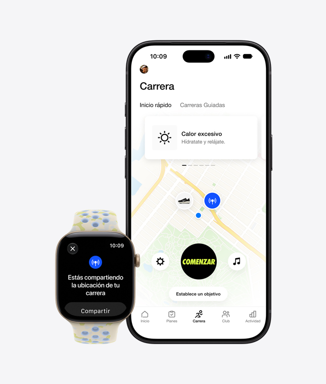 Apple Watch Series 12, pantalla de ubicación compartida, caja de aluminio, color oro claro, correa Nike deportiva, color tiza cálido (blanco crema, sutiles patrones de formas amarillas, azul pálido al reverso, perforaciones circulares), enlazado con iPhone 18 Pro, la app Nike Run Club muestra el mapa de una carrera al aire libre