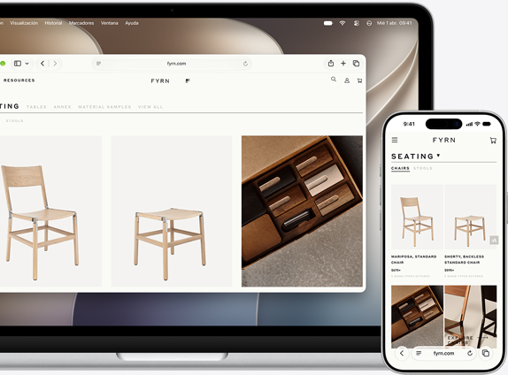 Pantallas de un MacBook y un iPhone que muestran la misma página de Safari en ambos dispositivos