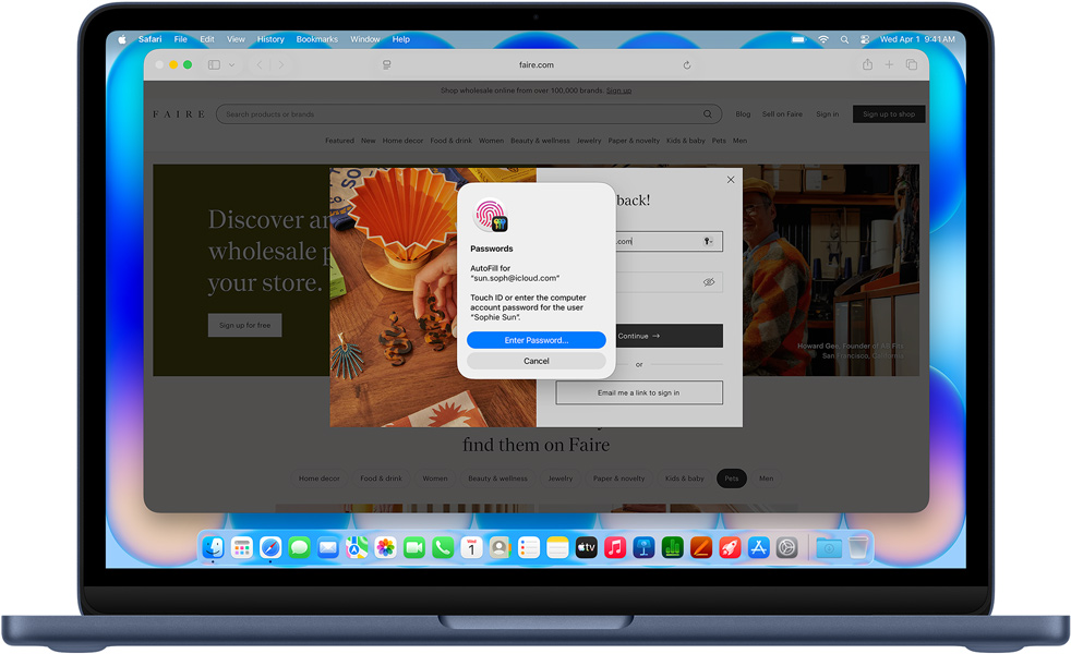MacBook Neo v barvě indigo, uživateli se v Safari zobrazuje výzva, ať se pomocí Touch ID nebo hesla přihlásí k webu Community Care Clinic