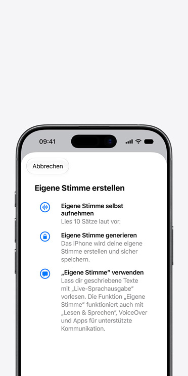 iPhone 17 Bildschirm mit der Funktion Eigene Stimme und einer Anleitung zum Erstellen deiner eigenen Stimme