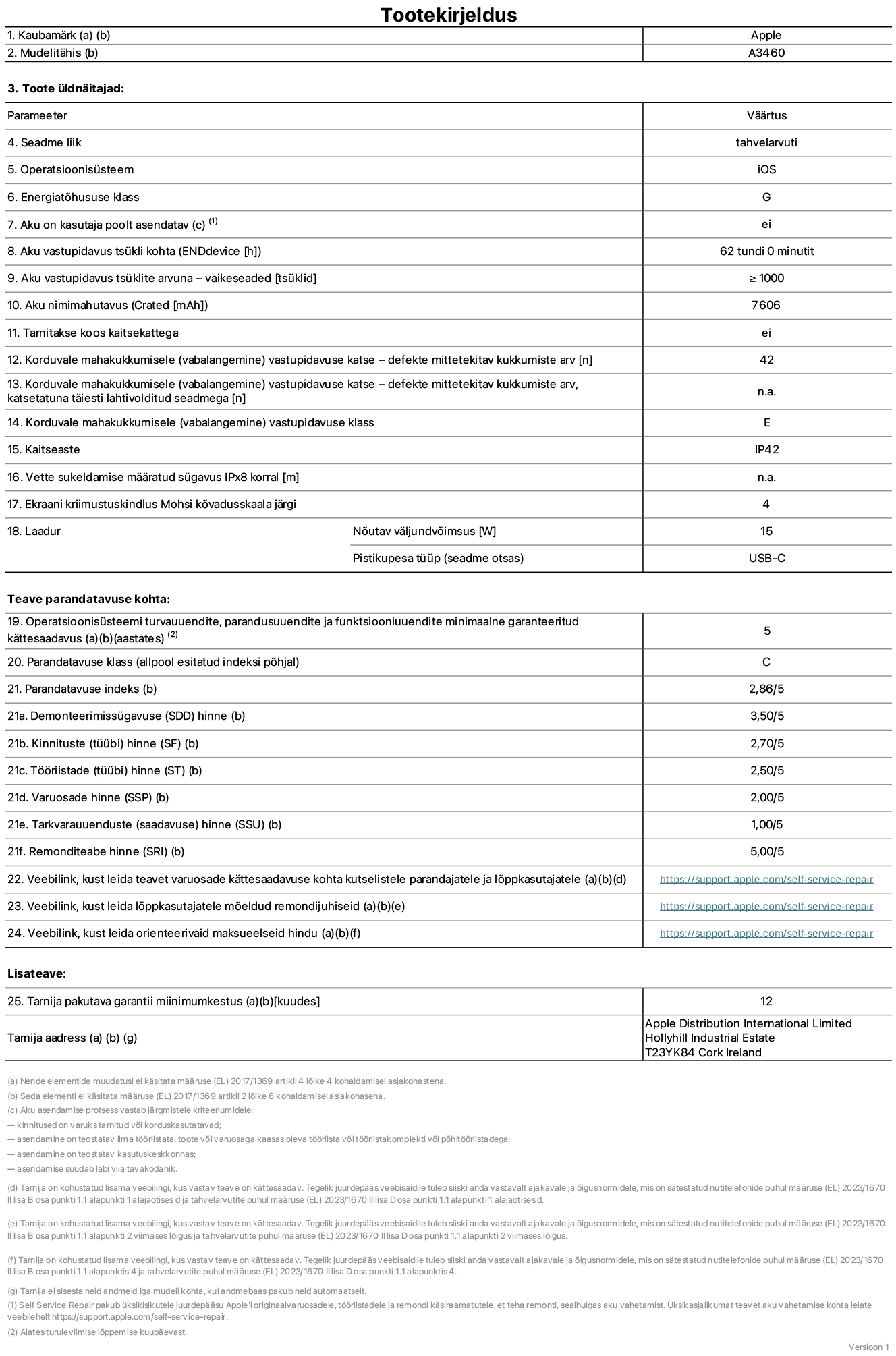 11-tollise iPad Air WiFi + Cellular, mudeli A3460 toote infoleht. Tarnija on Apple Distribution International Limited, Hollyhill Industrial Estate. Cork, Iirimaa T23 YK84. Seadme tüüp: tahvelarvuti. Operatsioonisüsteem: iOS. Energiatõhususklass: G. Aku vahetatav kasutajale: ei. Aku vastupidavus tsükli kohta: 62 tundi. Aku kestvustsüklid – vaikesätted: suurem kui või võrdne 1000-ga. Akumaht: 7606 mAh. Tarnitakse kaitsekattega: ei. Korduv vabalangemise usaldusväärsustest – kukub ilma defektita: suurem kui või võrdne 42-ga. Korduv vabalangemise usaldusväärsustest – kukub ilma defektita täielikult väljaulatatuna: pole kohaldatav. Korduv vabalangemise usaldusväärsusklass: E. Tolmu- ja veekindluse kaitse hinnang: IP42. Määratud iPx8 sukeldumissügavus vees: pole kohaldatav. Ekraani kriimustuskindlus Mohsi kõvaduse skaalal: 4. Laadija nõutav väljundvõimsus: 15 W. Laadija tüüp (seadmel): USB-C. Opsüsteemi turva-, korrektiiv- ja funktsionaalsusvärskenduste minimaalne tagatud saadavus: 5 aastat. Parandatavusklass: C. Parandatavusindeks: 2,86/5. Lahtivõtmise sügavuse (SDD) hinne: 3,50/5. Kinnitusdetailide hinne: 2,70/5. Tööriistade hinne: 2,50/5. Varuosade hinne: 2,00/5. Tarkvaravärskenduste hinne: 1,00/5. Parandusteabe hinne: 5,00/5. Teave varuosade kättesaadavuse kohta professionaalsetele parandajatele ja lõppkasutajatele: https://support.apple.com/self-service-repair. Parandusjuhised lõppkasutajatele: https://support.apple.com/self-service-repair. Soovituslikud maksueelsed hinnad: https://support.apple.com/self-service-repair. 12-kuune üldgarantii.