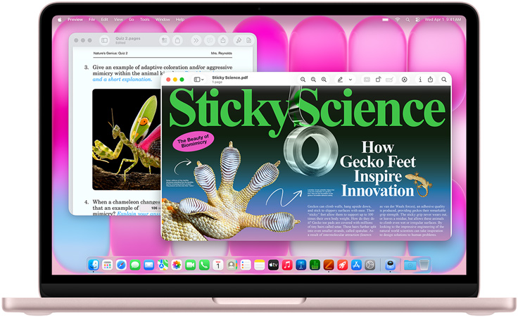 MacBook Neo, toonis õrnroosa, ekraanil on artikkel biomimikrist ja sarnasel teemal viktoriin