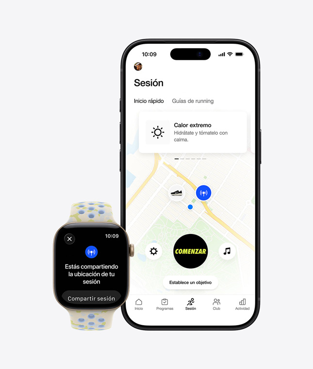 Apple Watch Series 12, caja de aluminio, color dorado claro, correa Loop Nike Sport, color gris asfalto (gris oscuro con patrón trenzado gris medio y detalle en rojo), pantalla de compartir ubicación, iPhone 18 Pro, la app Nike Run Club muestra el mapa de una carrera al aire libre
