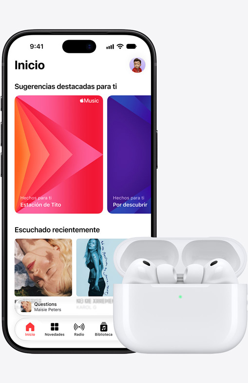 iPhone 18 Pro, front exterior, Apple Music homescreen displayed on screen, next to Airpods Pro 3 in open MagSafe Charging Case