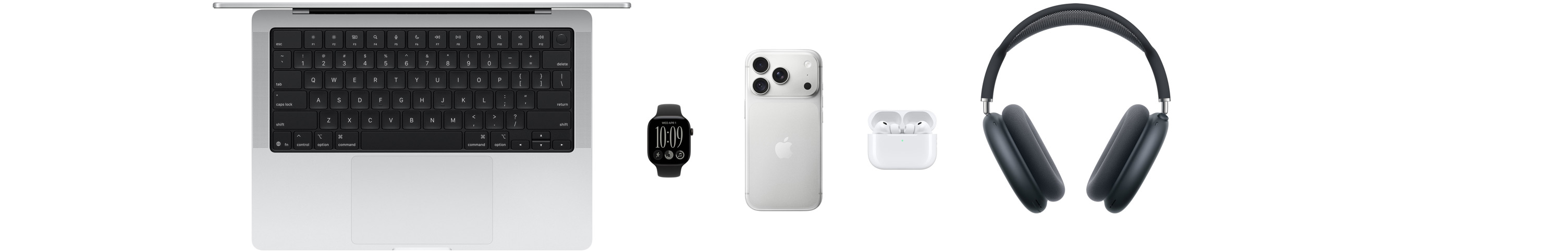 Olika Apple-produkter, bland annat en MacBook, en Apple Watch Series 11, en iPhone 17 Pro, AirPods Pro 3, AirPods Max