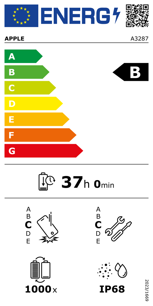 Código QR e información de la etiqueta energética de la UE, modelo A3287 de Apple, clase B, clases de eficiencia energética (con una escala de la A a la G), de la A (la más eficiente) a la G (la menos eficiente), duración de la batería por ciclo, 37 horas y 0 minutos por carga completa de la batería, fiabilidad en caídas repetidas de clase C, de la A (la más robusta) a la E (la menos robusta), reparabilidad de clase C, de la A (la más reparable) a la E (la menos reparable), 1.000 ciclos de carga de la batería, grado de protección contra la entrada de polvo y agua (IP) IP68, normativa 2023/1669.