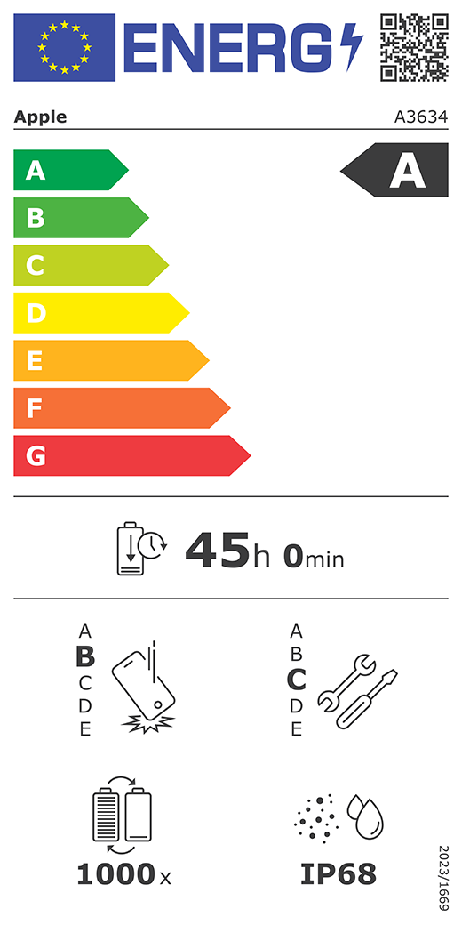 Código QR e información de la etiqueta energética de la UE, modelo A3634 de Apple, clase A, clases de eficiencia energética (en una escala de la A a la G, siendo A la más eficiente y G la menos eficiente), duración de la batería por ciclo, 45 horas y 0 minutos por carga completa de la batería, fiabilidad en caída libre repetida de clase B (siendo A la más robusta y E la menos robusta), reparabilidad de clase C (siendo A más reparable y E la menos reparable), 1.000 ciclos de carga de la batería, grado de protección contra la entrada de polvo y agua (IP) IP68, normativa 2023/1669
