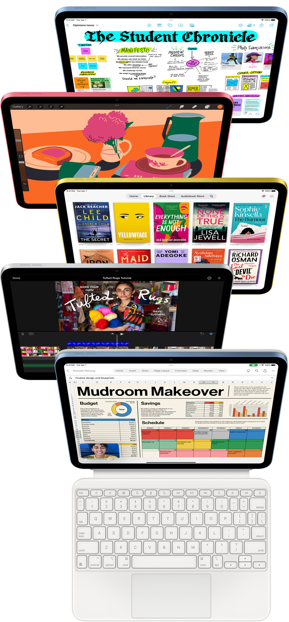 iPader sett forfra med flere forskjellige apper på skjermen, inkludert Freeform, Procreate, Bøker, iMovie og Microsoft Excel og Webex Meetings.