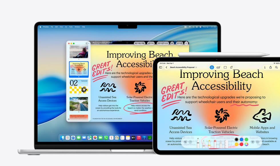 Varios dispositivos Apple, la misma imagen en cada uno, se ha usado un Apple Pencil para hacer anotaciones en la imagen del iPad, aparecen en el resto de dispositivos