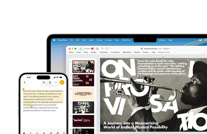 Un iPhone 16 Plus con texto resaltado en la app Notas, un MacBook Air con una diapositiva de PowerPoint abierta, el texto de la app Notas aparece en la diapositiva