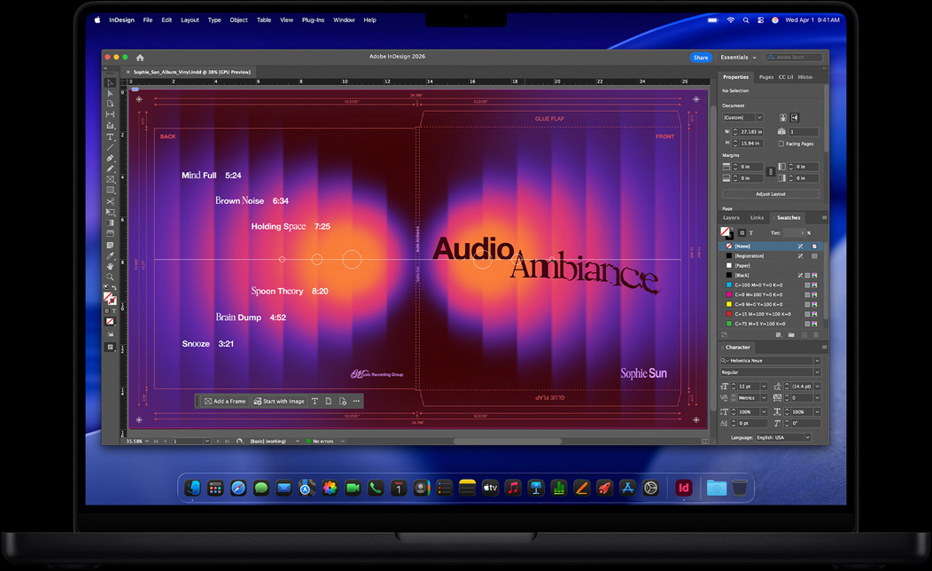 Pantalla de un MacBook Pro con Adobe InDesign que se usa para diseñar la portada de un disco de vinilo