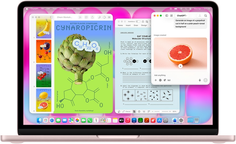 MacBook Neo, σε χρώμα αιθέριο ροζ, χρησιμοποιώντας το ChatGPT για τη δημιουργία εικόνας γκρέιπφρουτ, άλλα παράθυρα περιέχουν ένα έγγραφο Keynote με τίτλο «αφίσες μορίων» με εικόνες φρούτων και λαχανικών και σχετικών μοριακών ενώσεων, καθώς και ένα σχετικό έγγραφο Microsoft Word