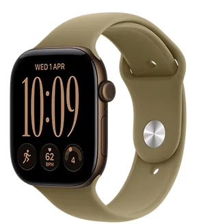 Apple Watch Series 12，深古銅色鋁金屬錶殼，配搭橄欖色運動錶帶，螢幕顯示精簡組合錶面上的複雜功能，包括日期、跑步體能訓練、心率、身體狀態，機身右側有數碼錶冠、側邊按鈕