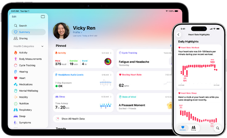 健康 app 顯示健康資料摘要，當中包括健身記錄、經期追蹤、耳筒音量、靜止心率、睡眠及心理狀態