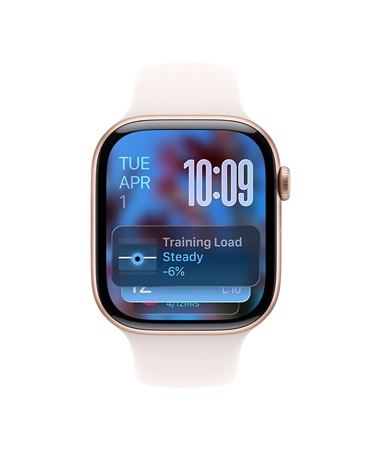 Apple Watch Series 11, ružičasto zlatne boje, aluminijsko kućište, Smart Stack prijedlog, rumena sportska narukvica