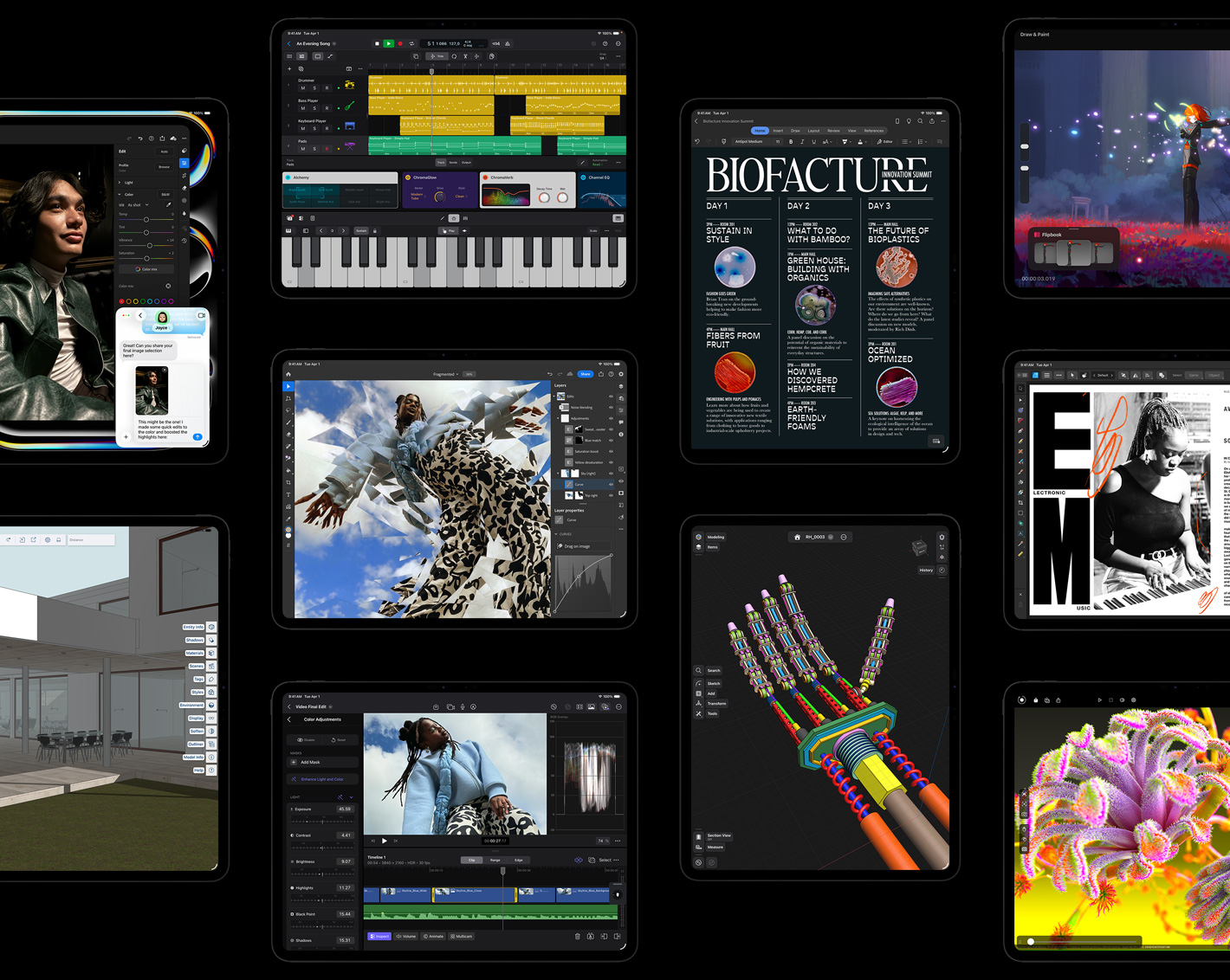 Više zaslona iPada Pro prikazuje iPadOS aplikacije s otvorenim projektima, uključujući Logic Pro, Adobe Lightroom, Adobe Photoshop, Final Cut Pro, Trimble SketchUp, Microsoft Word, Procreate Dreams, Affinity Designer 2, Shapr3D i Octane X
