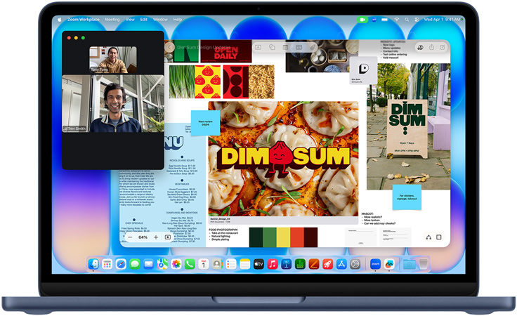 MacBook Neo indigószínben, a kijelzőn egy videohívás, mellette a Freeform alkalmazás ablaka egy dim sum-étterem menüjével, ételfotóival és illusztrációival.