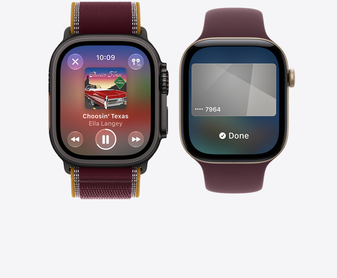 Apple Watch Ultra 4 fekete titántokkal, az Apple Music app Lejátszás alatt képernyője, burgundi Terep pánt; Apple Watch Series 12 világos aranyszínű alumíniumtokkal, Apple Pay-képernyő, burgundi sportpánt