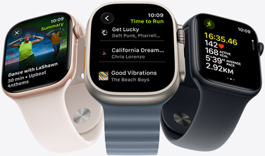 Apple Watch screen featuring a Fitness+ playlist including songs by The Weeknd, Skrillex, Justin Bieber and Shawn Mendes