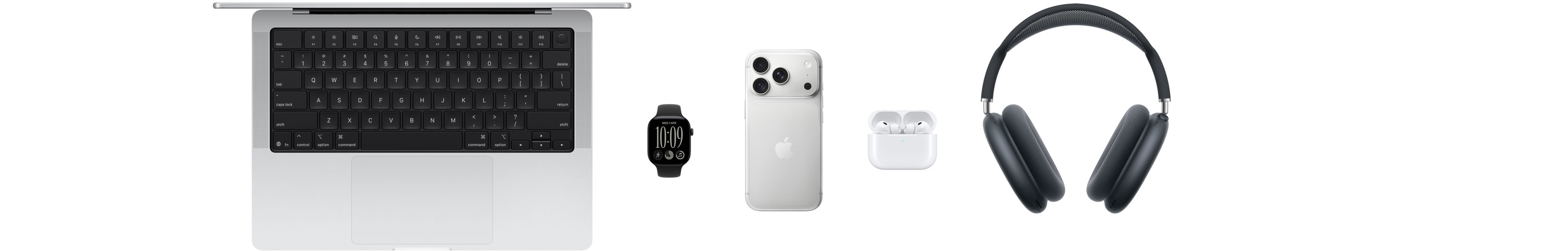 Various Apple products, including a MacBook Pro, an Apple Watch Series 12, an iPhone 18 Pro, AirPods Pro 3, AirPods Max