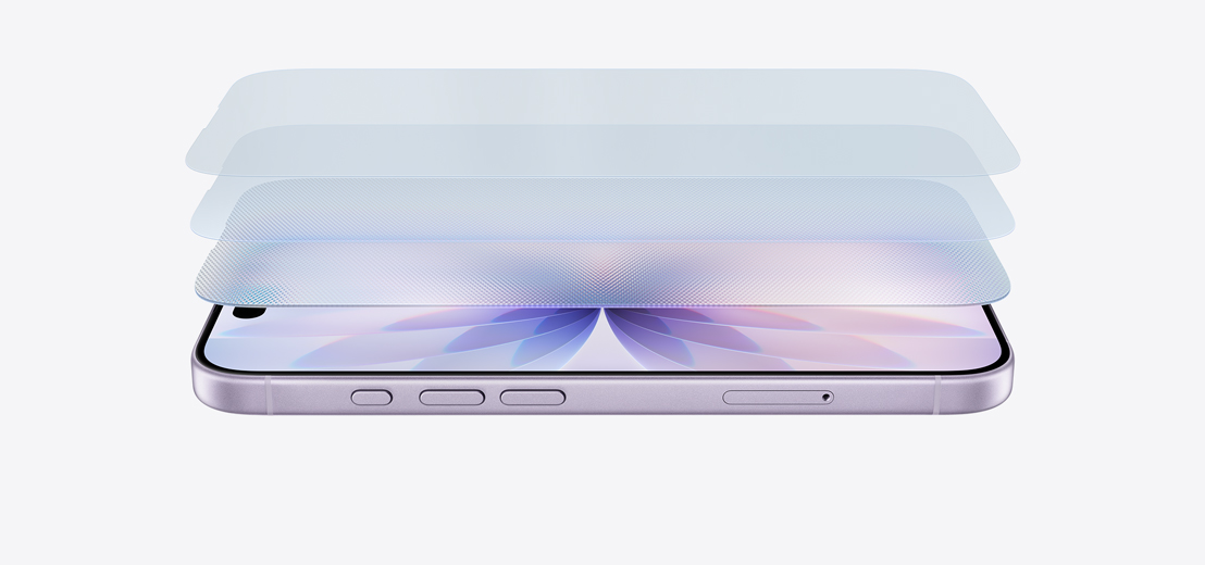 iPhone 17 horizontal on its side in lavender finish, with a layered design showcasing Ceramic Shield 2