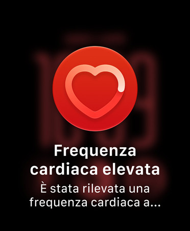 Notifica di frequenza cardiaca troppo alta, profilo di un cuore bianco dentro un cerchio rosso