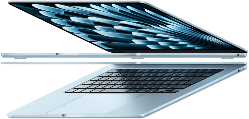 2台のスカイブルーのMacBook Airノートブックが矢印のような形状になっている。薄いデザインが強調されている