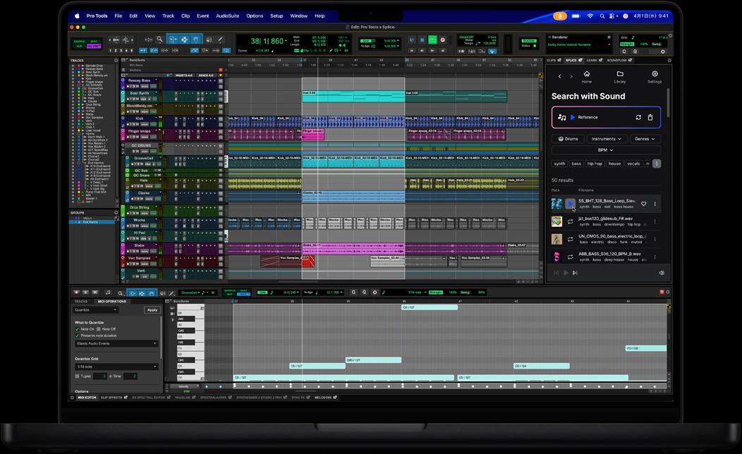 MacBook Proの画面に、Pro Toolsを使って曲の編集を行う様子が表示されている