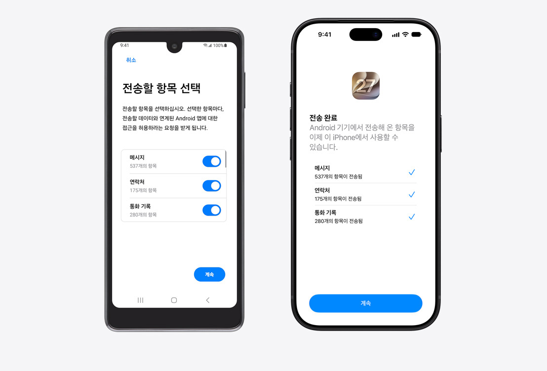 왼쪽에는 Android 기기가 있고, 오른쪽에는 iPhone이 있습니다. Android 기기에 ‘iOS로 이동’ 앱이 표시되어 있고, ‘전송할 항목 선택'이라는 제목 아래 메시지, 연락처, 통화 기록이 선택된 모습. iPhone 화면에는 ‘전송 완료'라는 문구가 표시되어 있습니다.