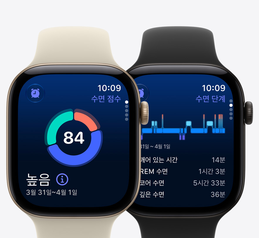 수면 점수 화면과 수면 단계 화면이 보이는 Apple Watch Series 12 기기들