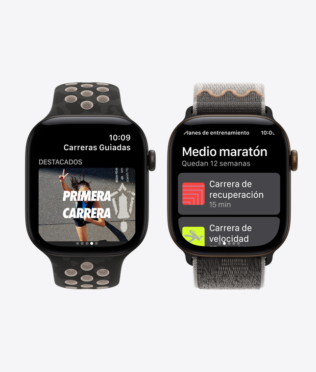 Dispositivos Apple Watch Series 12, cajas de aluminio, color negro, pantallas: app Nike Run Club, funcionalidades Carreras Guiadas y Planes de Entrenamiento, correas: correa deportiva Nike, color negro After Dark, correa loop deportiva Nike, color negro After Dark