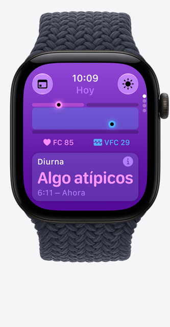 Apple Watch Series 12, caja de aluminio, color negro, app Signos Vitales, gráfica con puntuaciones de salud, medición actual de latidos por minuto, lectura diurna que indica signos vitales ligeramente fuera de normal, correa uniloop trenzada, color azul marino