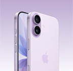 „iPhone 17“, levandų spalvos, priekinė pusė, galinė pusė iš kampo, „Dual Fusion“ kamerų sistema viršutiniame kairiajame kampe, kameros valdiklio mygtukas, priekinė pusė su viso ekrano dizainu, veiksmo ir garsumo mygtukai