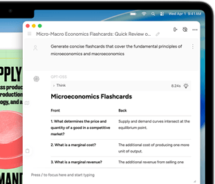 MacBook Air ekrāns, kurā Apple Intelligence Writing Tools funkcija veido kartītes par mikro un makroekonomiku