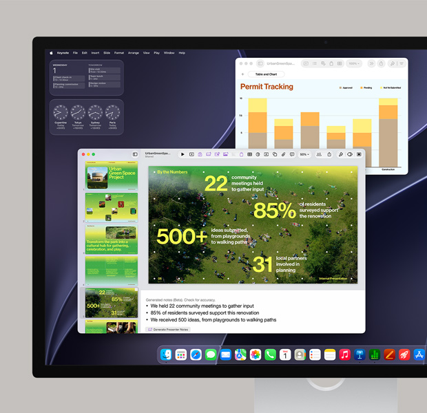 شاشة macOS، تعرض عرضاً تقديمياً في Keynote، مخطط بيانات، تطبيق التقويم مفتوح، تطبيقاتات شريط الأيقونات