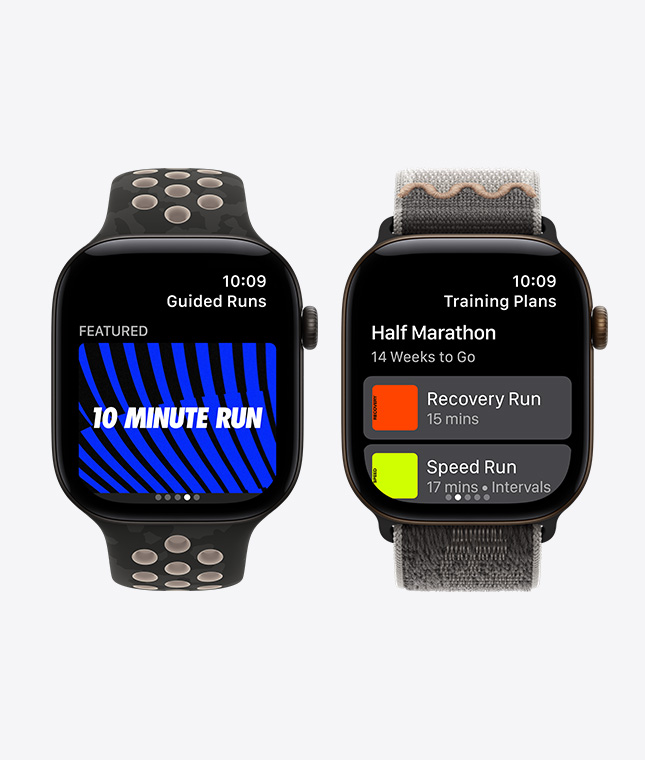 Apple Watch Series 12 裝置，黑色鋁金屬錶殼，一款配搭 After Dark 黑色 Nike 運動錶帶，另一款配搭黑色 Nike 運動手環，螢幕顯示 Nike Run Club app 的跑步指導和訓練計劃功能