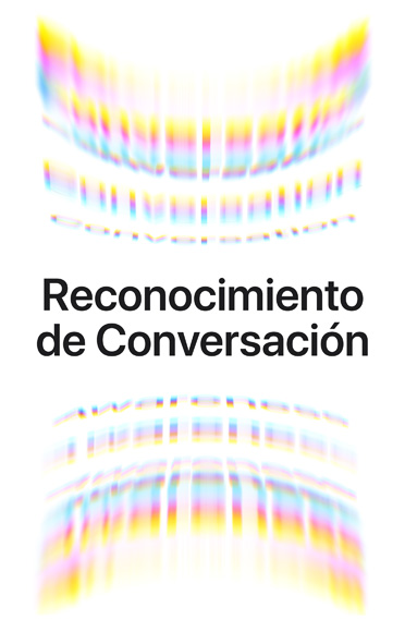 Ondas sonoras ambientales representadas como arcos coloridos, arriba y abajo, con un texto en el centro que dice: Reconocimiento de Conversación