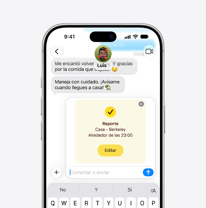 iPhone 18 Pro, parte frontal, app Mensajes abierta con la funcionalidad Reporte notificando al destinatario que el remitente ya llegó a casa