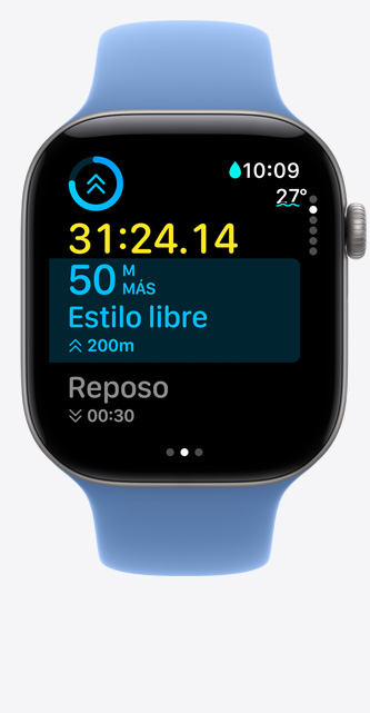 Apple Watch Series 12, caja de aluminio, color gris espacial, Entrenamiento en pantalla que muestra Natación en Piscina, métricas en pantalla, correa deportiva, color azul flores silvestres