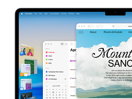 Multiple windows and apps displayed on a screen using Stage Manager, including Keynote, Pages, Mail and a website, with macOS Tahoe in the background.