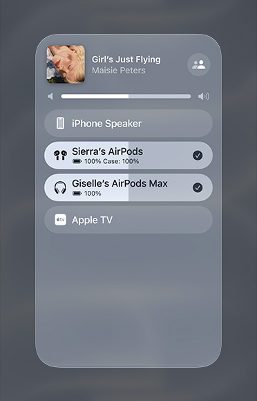 Image of a song on Apple Music playing on two different sets of AirPods.